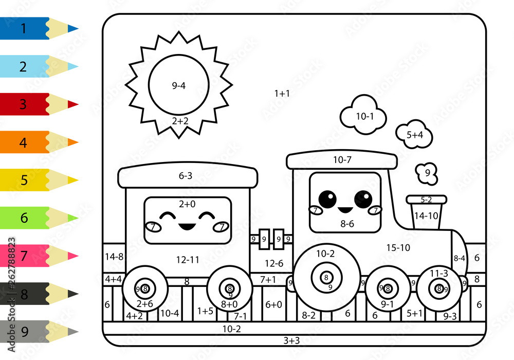 Coloring page by addition and subtraction numbers vector kawaii train and wagon math worksheet for kids transportation theme vector