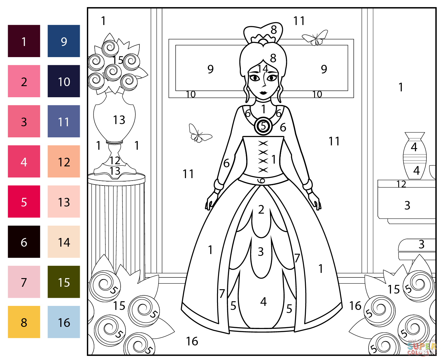 Princess color by number free printable coloring pages