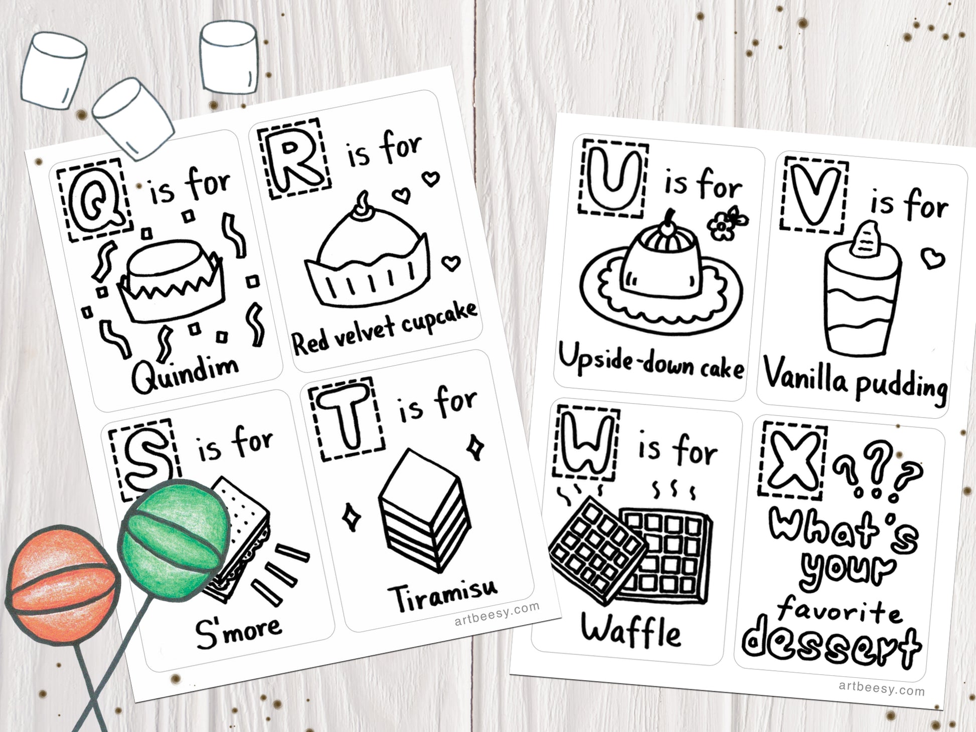 Abc desserts printable flashcards colorable edition â