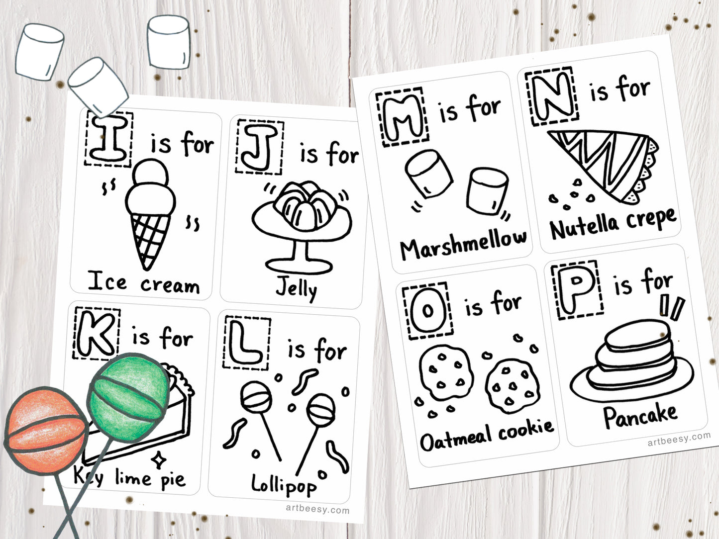 Abc desserts printable flashcards colorable edition â