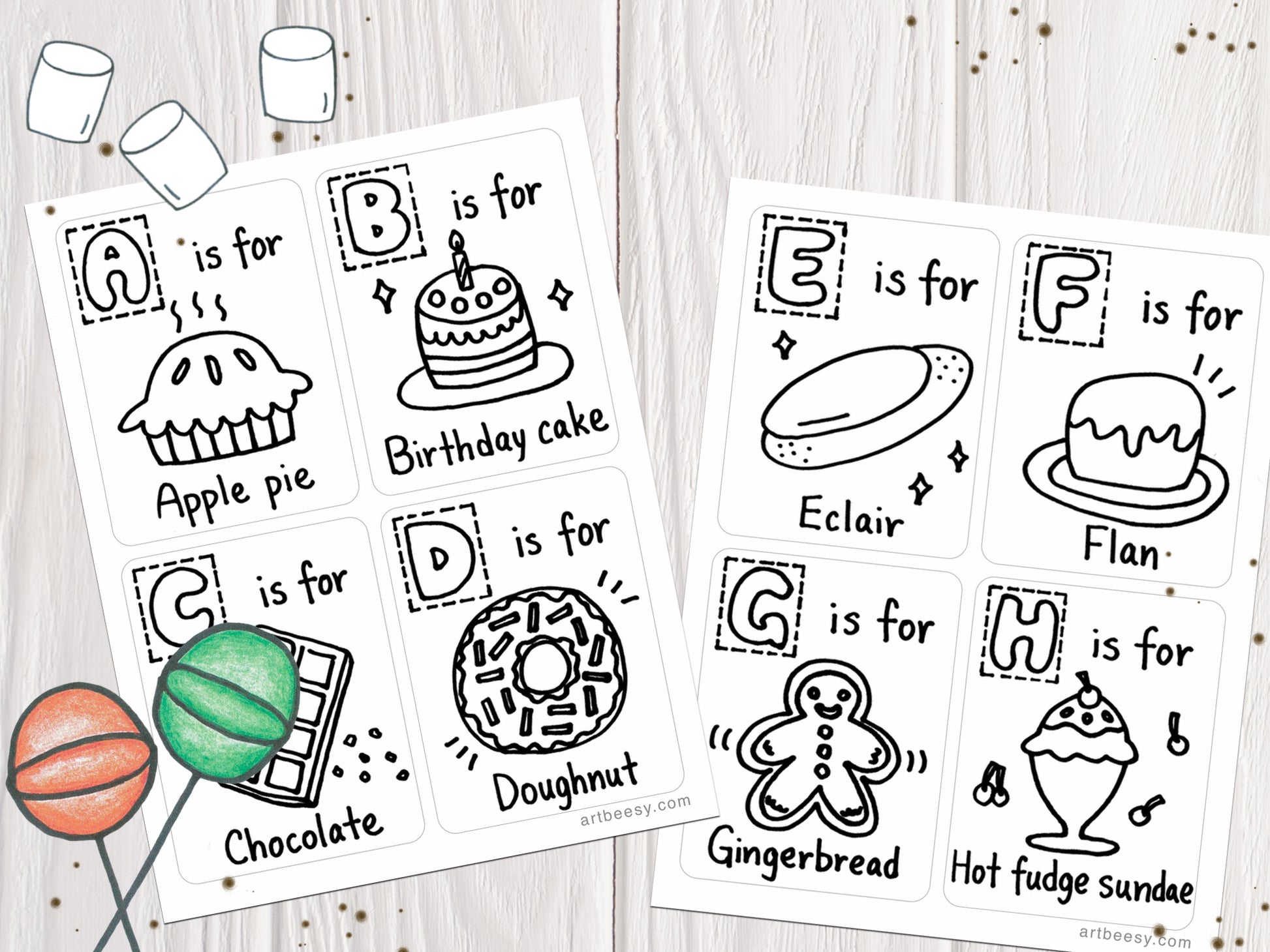 Abc desserts printable flashcards colorable edition â