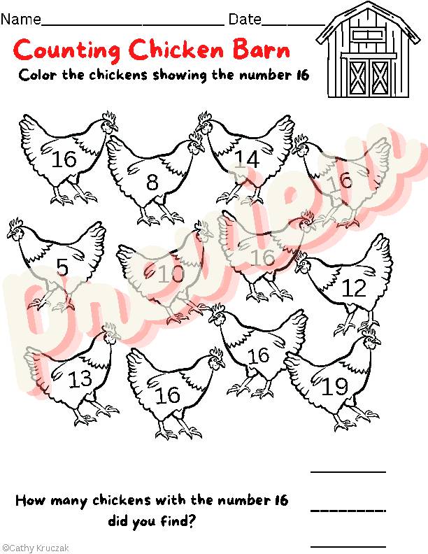 A kindergarten math worksheet color the number counting chicken farm themed classroom decor