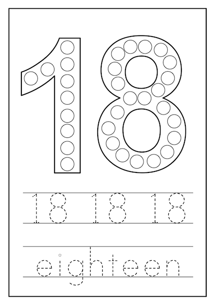 Premium vector learning numbers for kids number eighteen math worksheet