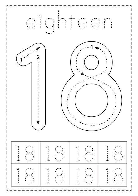 Premium vector tracing number eighteen preschool worksheet black and white