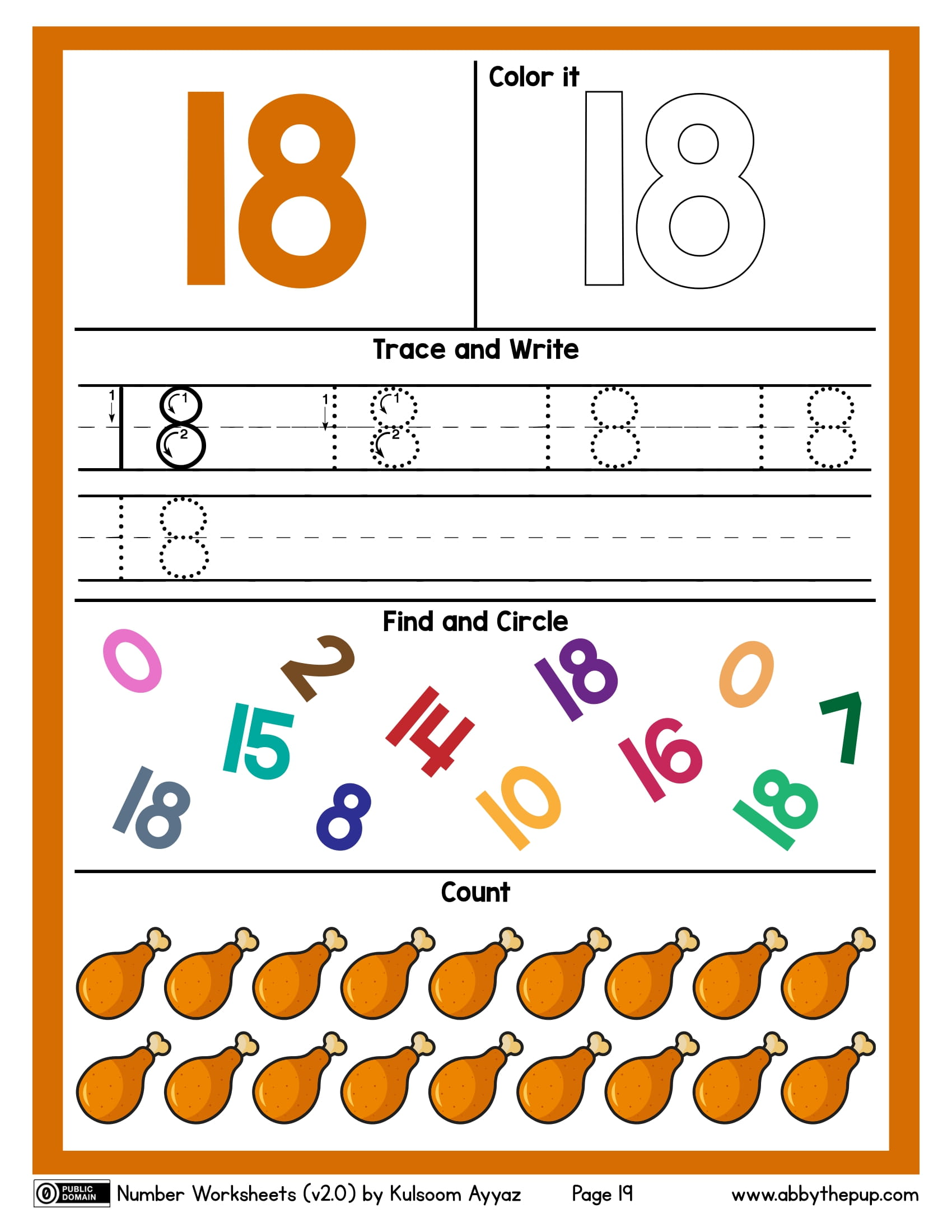 Number color trace write find and count worksheet free printable puzzle games