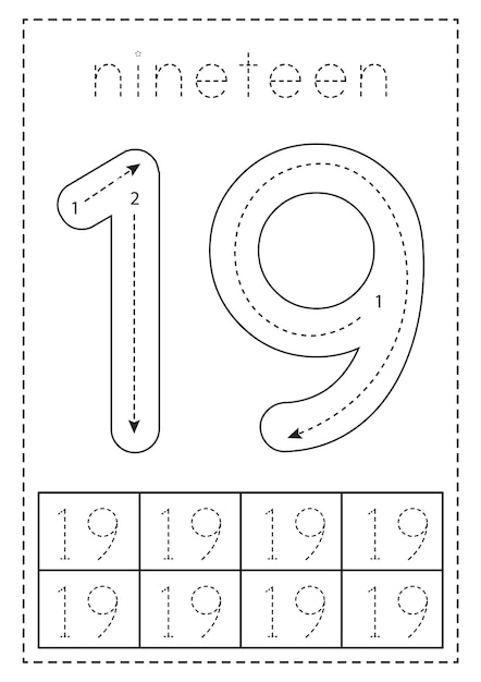 Premium vector tracing number nineteen preschool worksheet black and white