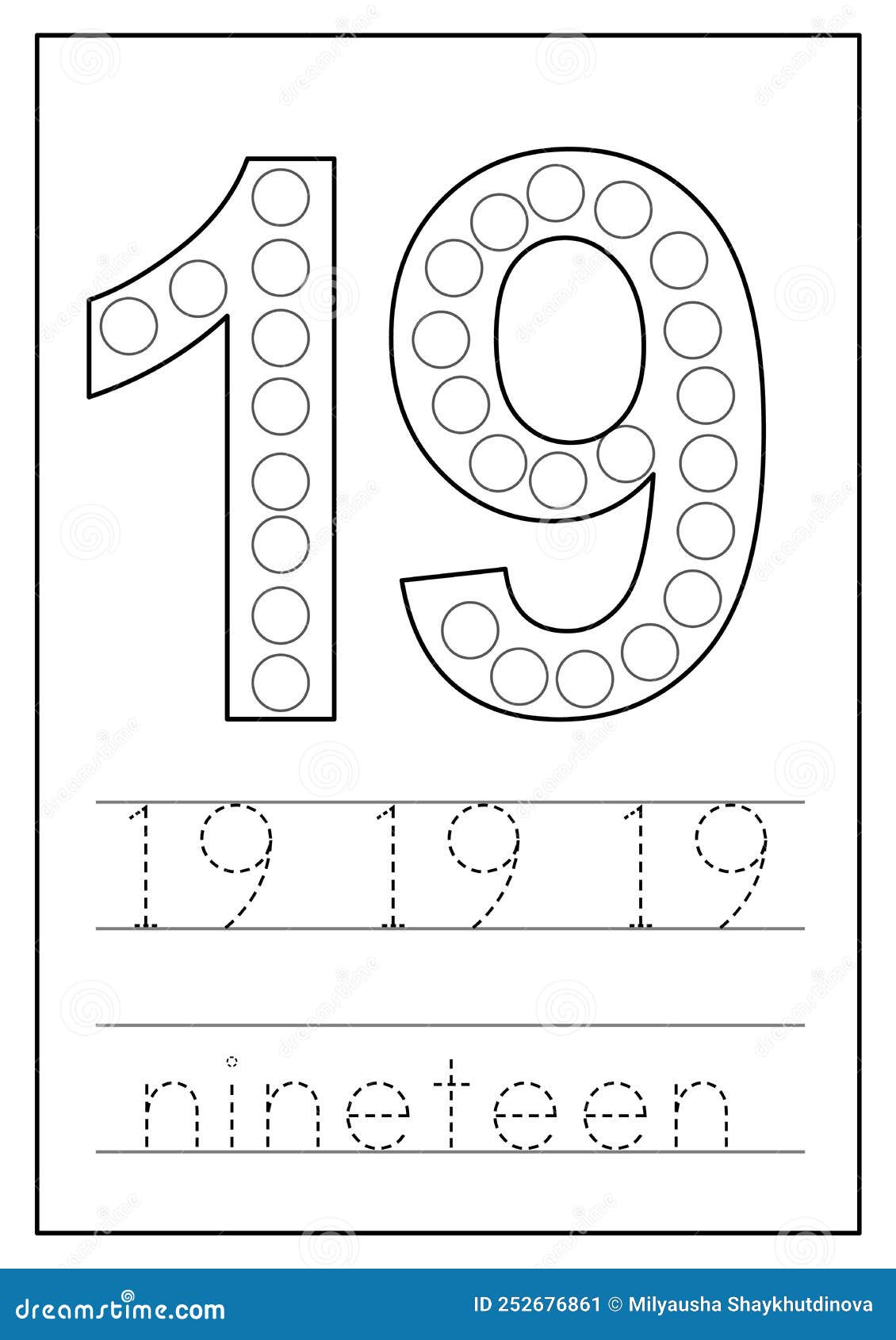Learning numbers for kids number nineteen math worksheet stock vector