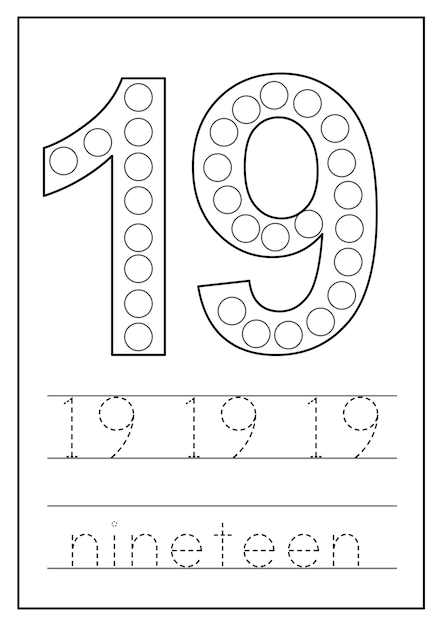 Premium vector learning numbers for kids number nineteen math worksheet