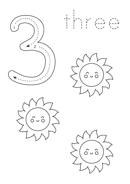 Premium vector flashcard number preschool worksheet black and white cute sun