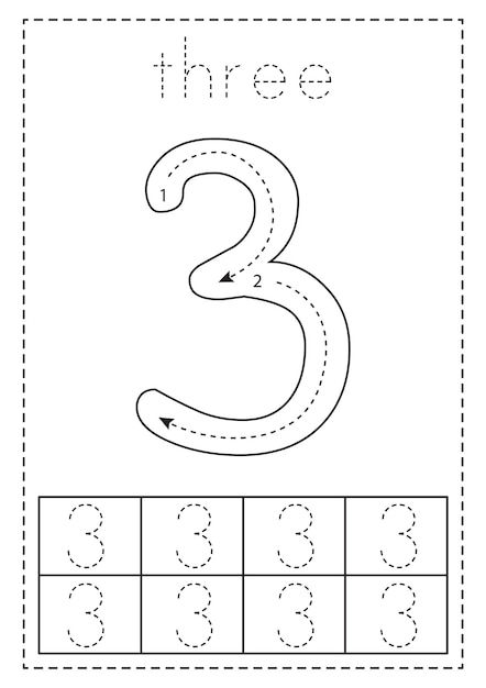 Premium vector tracing number three preschool worksheet black and white