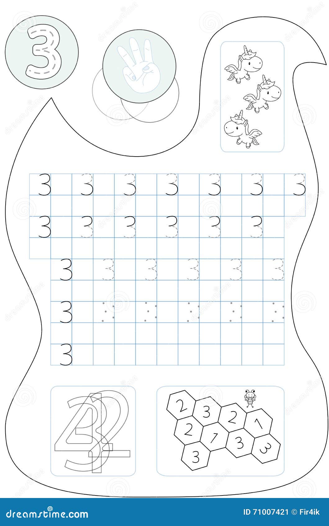 Coloring page number three printable worksheet stock vector