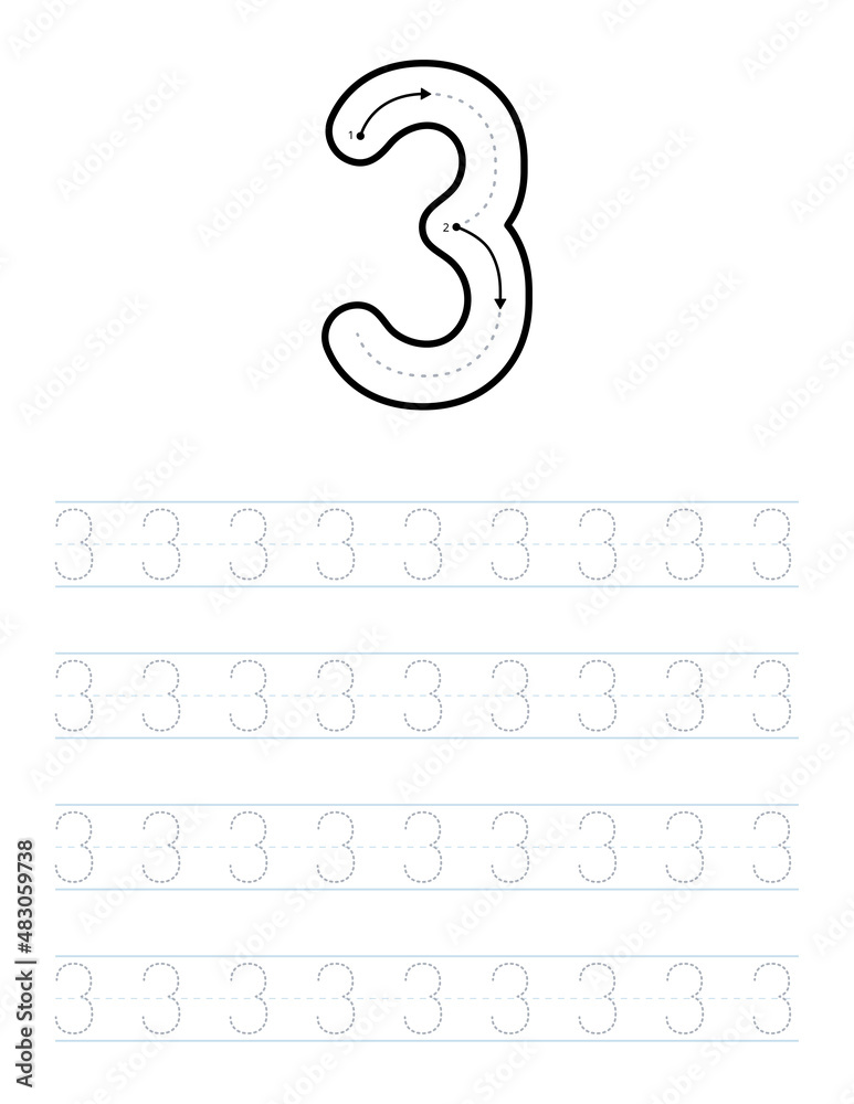 Trace number worksheet for kids and preschool with tracing guide vector