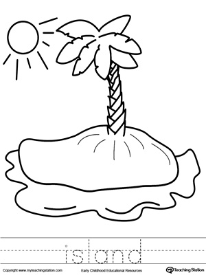 Free island coloring page and word tracing