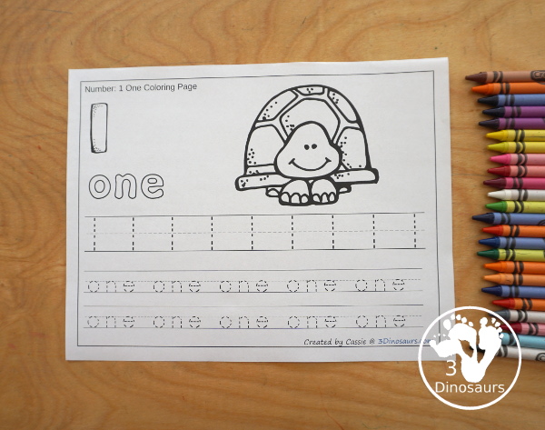 Free number coloring tracing printable with numbers to dinosaurs