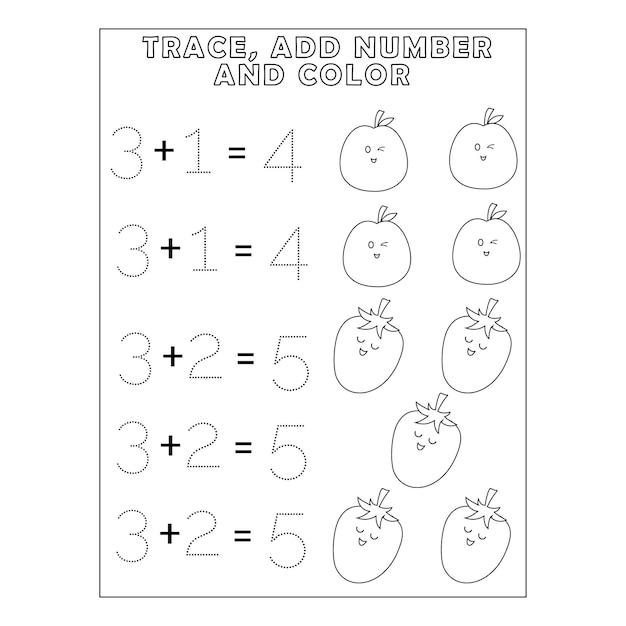 Premium vector tracing number add number and color pages for kids printable premium vector