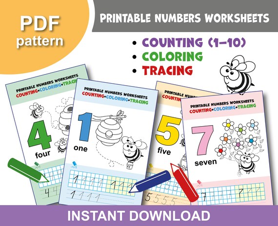 Printable coloring pages for kids numbers tracing worksheets preschool learning counting page for preschool homeschool instant download