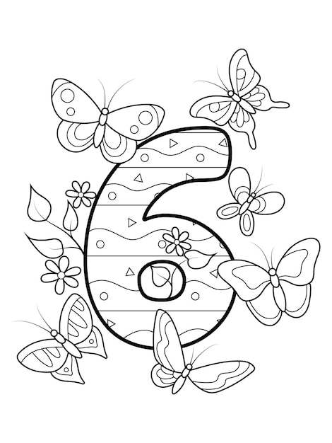 Premium vector coloring page numbers education and fun for childrens printable sheet six and butterflies