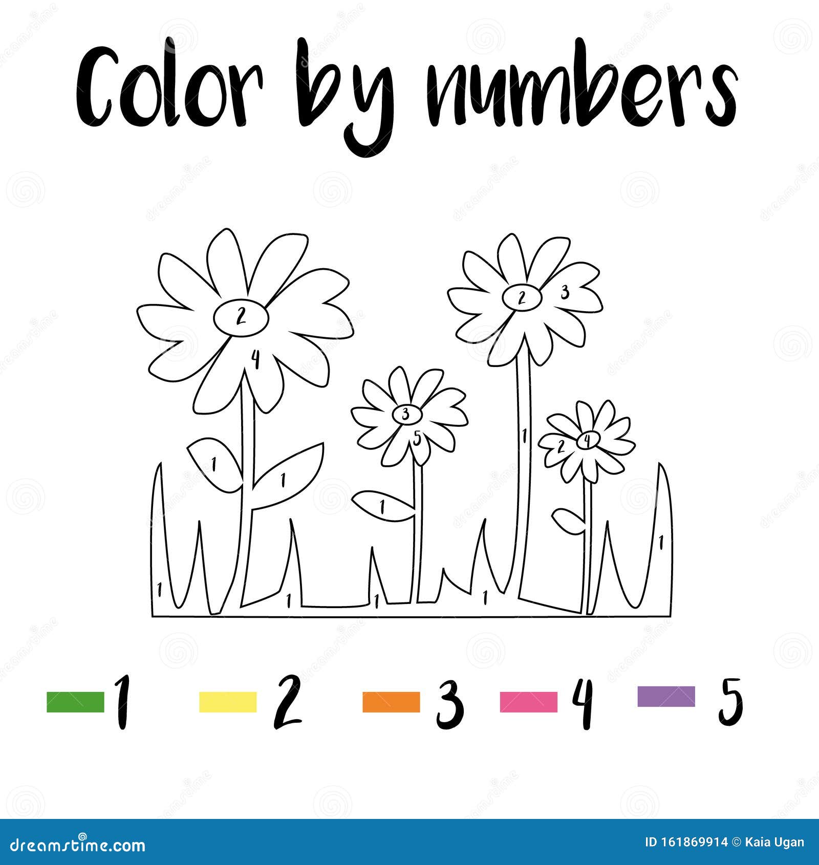 Coloring page with flowers color by numbers educational children game drawing kids activity printable sheet animals theme stock vector
