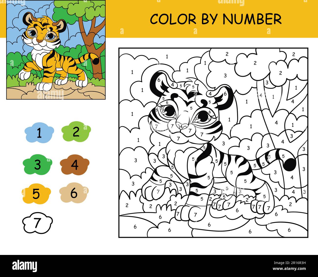 Coloring puzzle with number of color for kids with cute tiger printable coloring book worksheet for kids leisure black and white picture with color stock vector image art