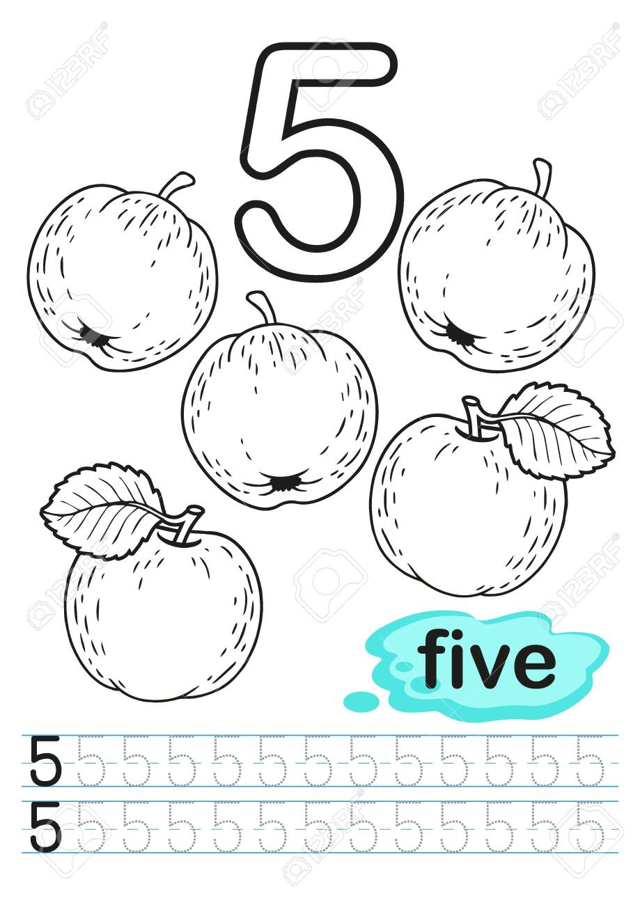 Pprintable worksheet for kindergarten and preschool exercises for writing numbers learn numbers with bright fresh fruits count and color from to royalty free svg cliparts vectors and stock illustration image