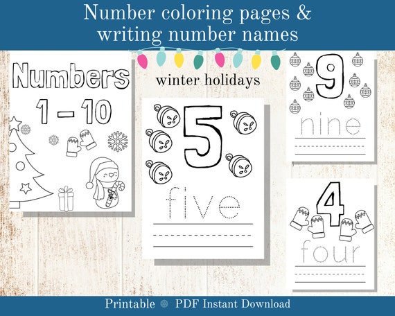 Number coloring pages number worksheet winter themed worksheets holiday printable for kids digital download kid activity for winter