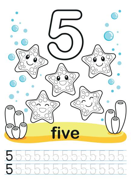 Coloring printable worksheet for kindergarten and preschool training exercises for writing numbers underwater background with marine life corals and algae a bright large number and samples for writing stock illustration