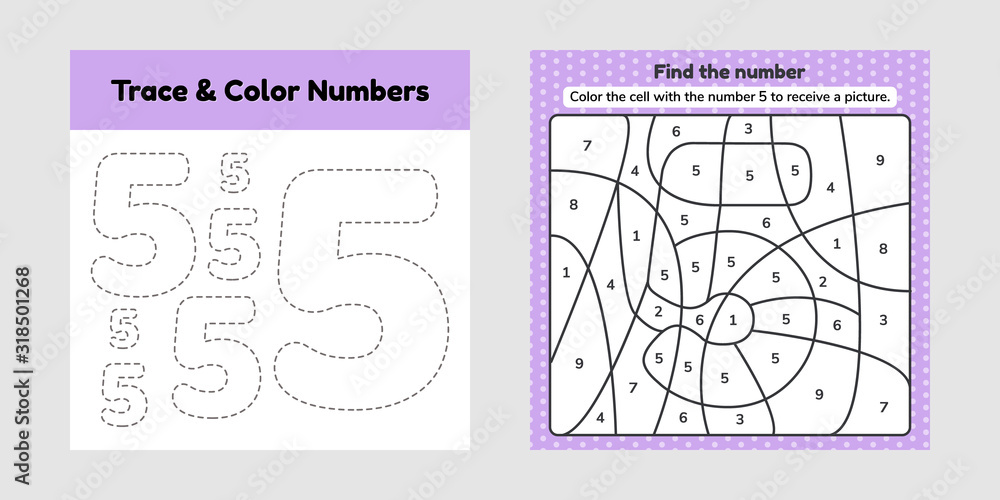 Coloring book number for kids worksheet for preschool kindergarten and school age trace line write and color a five vector