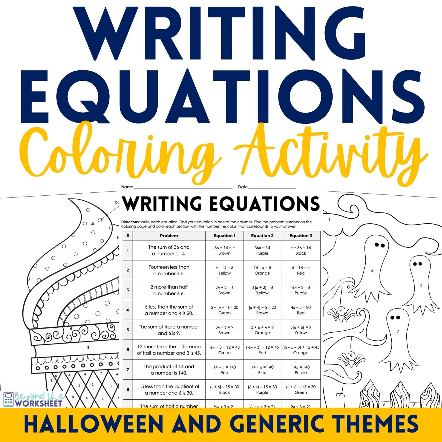 Writing equations coloring activity worksheet halloween and generic theme