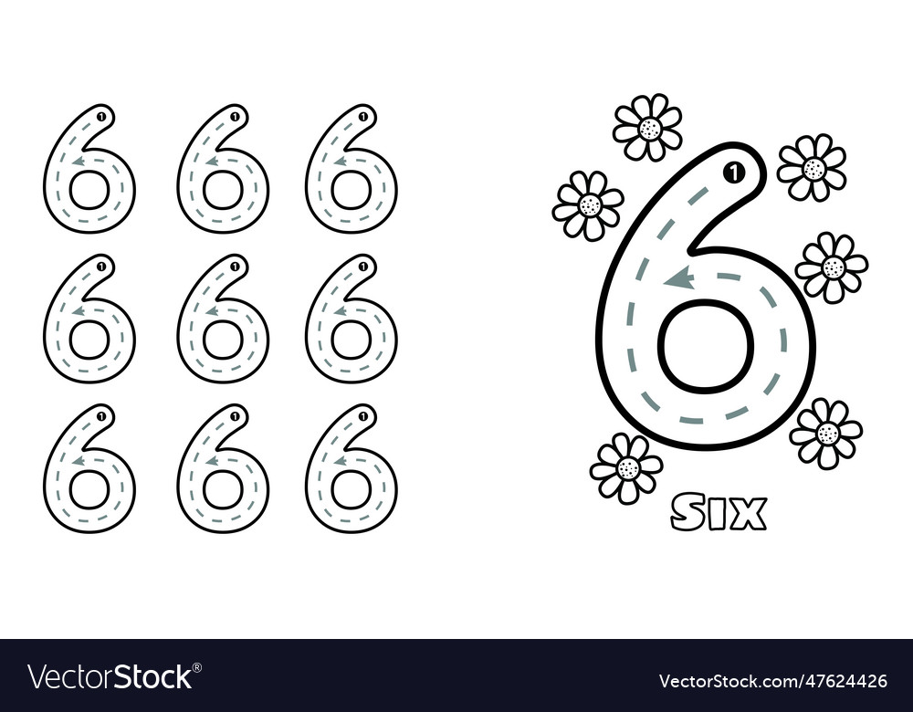 Number six trace practice worksheet for prek kids vector image