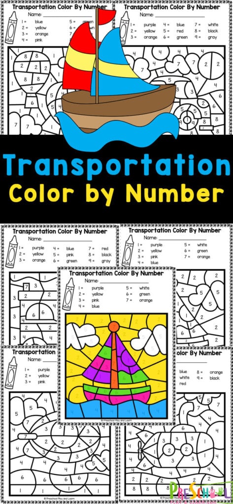 Free printable transportation color by number worksheets