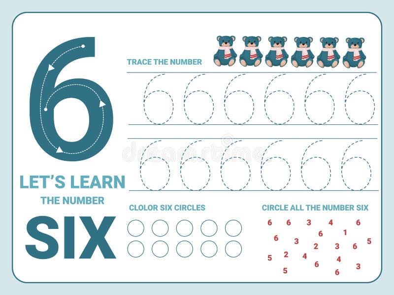 Number six tracing practice worksheet training write and count numbers coloring exercises stock vector