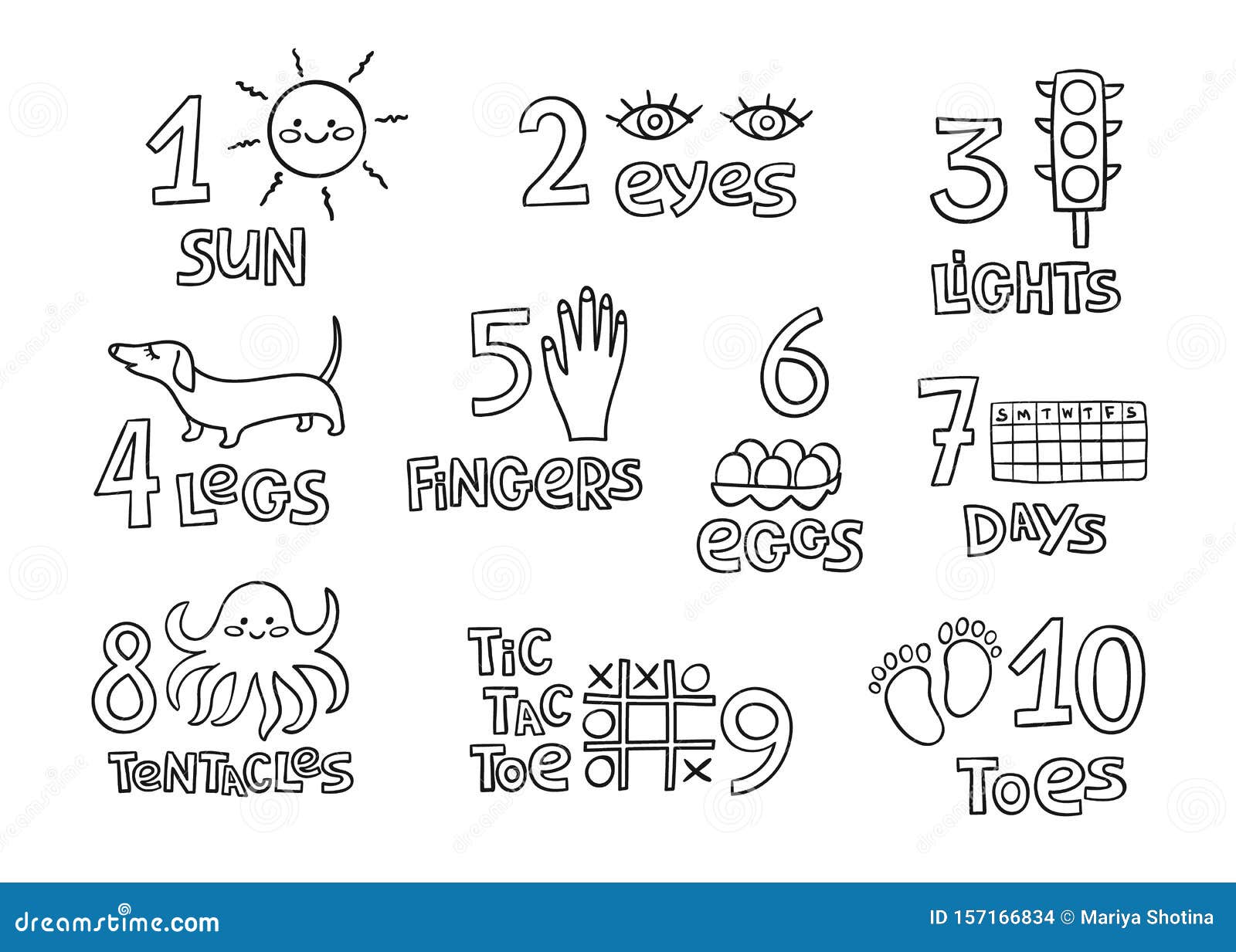 Numbers and counting practice printable poster worksheet for pre school kindergarten kids contoured numbers flashcard stock vector