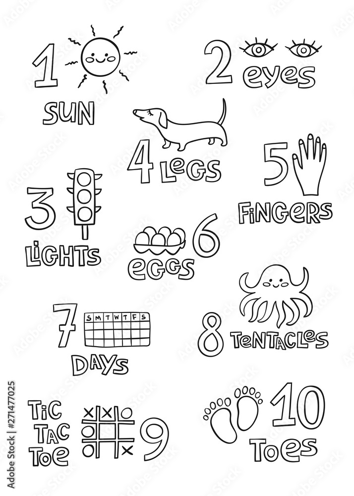 Numbers and counting practice printable poster worksheet for pre school kindergarten kids contour numbers flashcard for kids learning to count coloring sheet vector