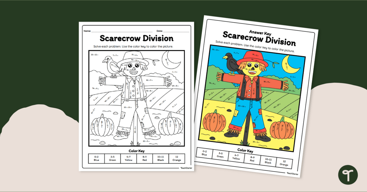 Scarecrow division color by number worksheet teach starter