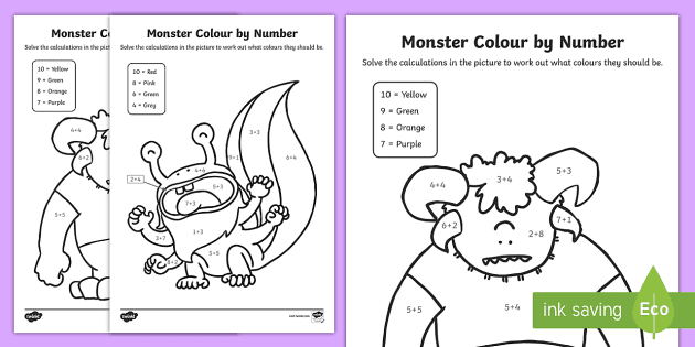 Monsters colour by number addition up to worksheets