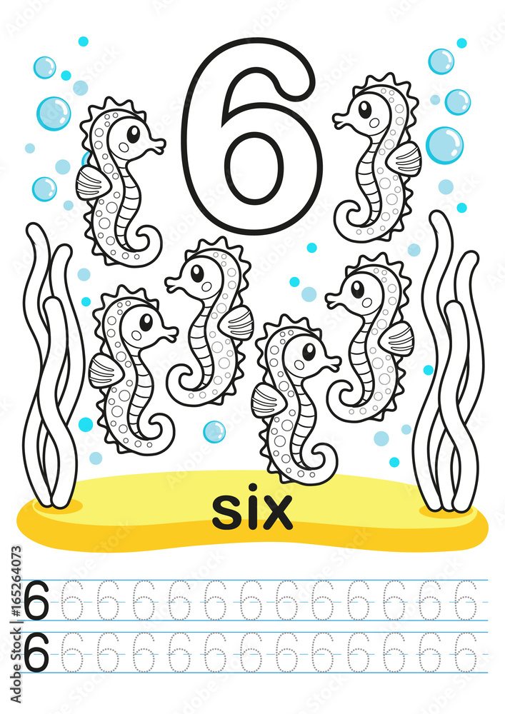 Coloring printable worksheet for kindergarten and preschool we train to write numbers math exercise bright figures on a marine background with cute marine life number and seahorses illustration