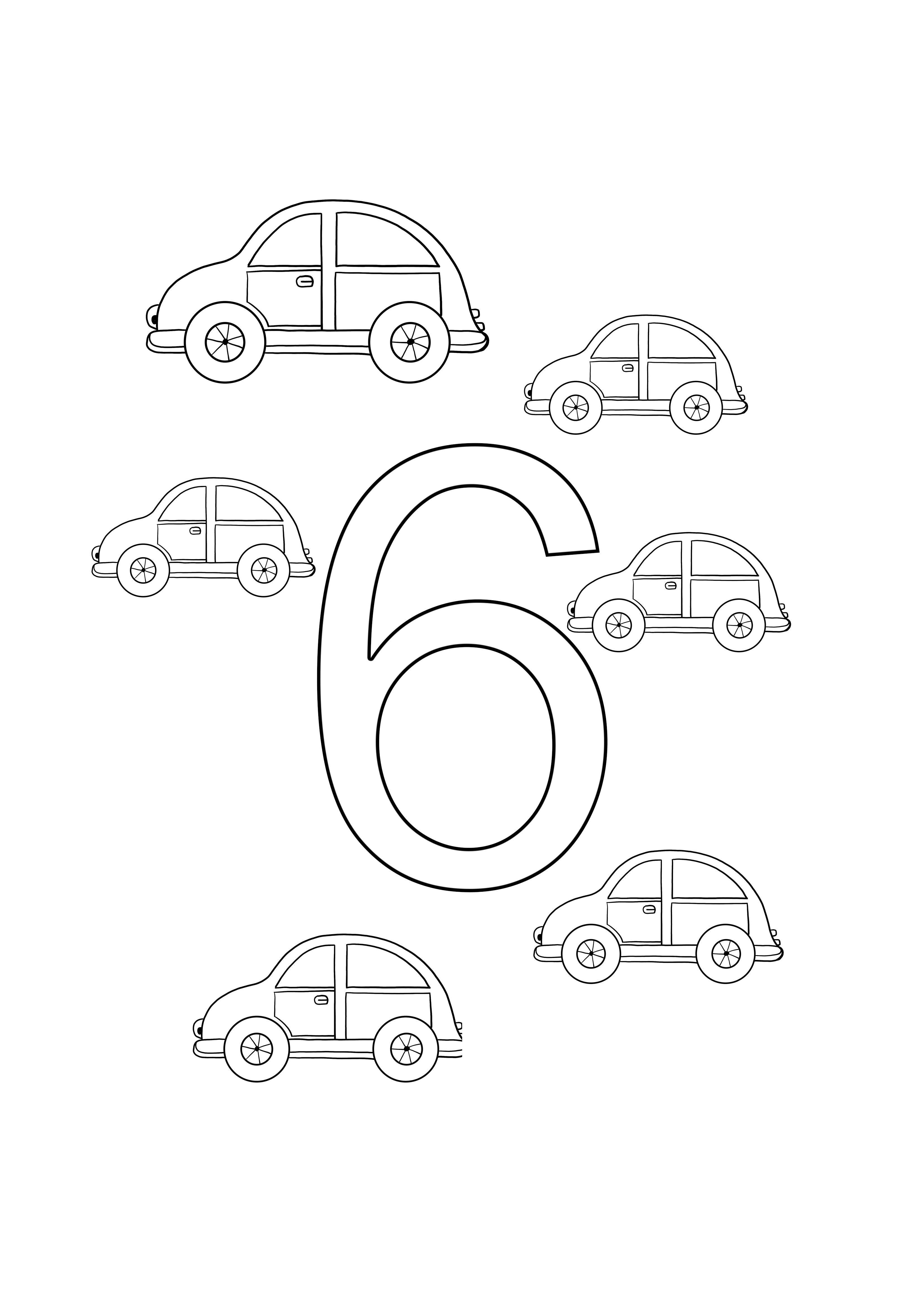 Six cars numbers coloring and free printing sheet