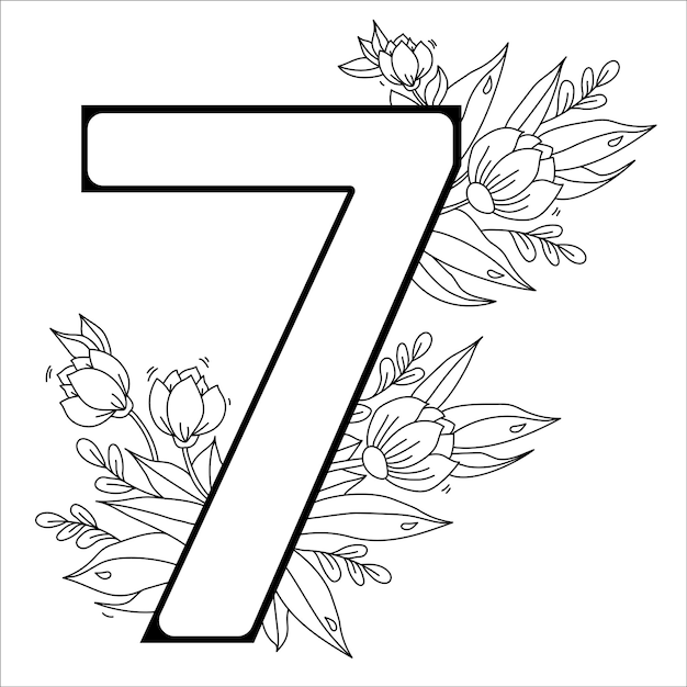 Premium vector flower number seven decorative pattern with flowers tulips buds and leaves vector line outline