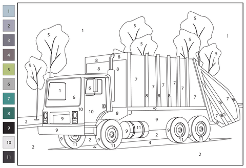 Garbage truck color by number coloring page free printable coloring pages