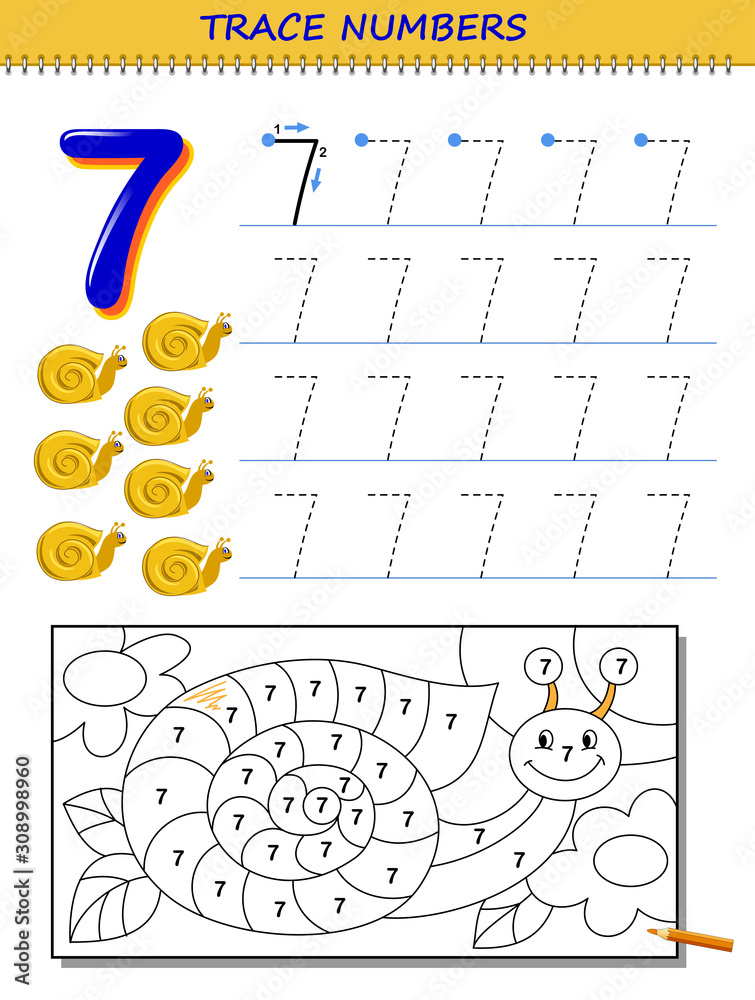 Educational page for kids with number printable worksheet for children textbook developing skills of counting writing and tracing baby coloring book back to school vector image vector