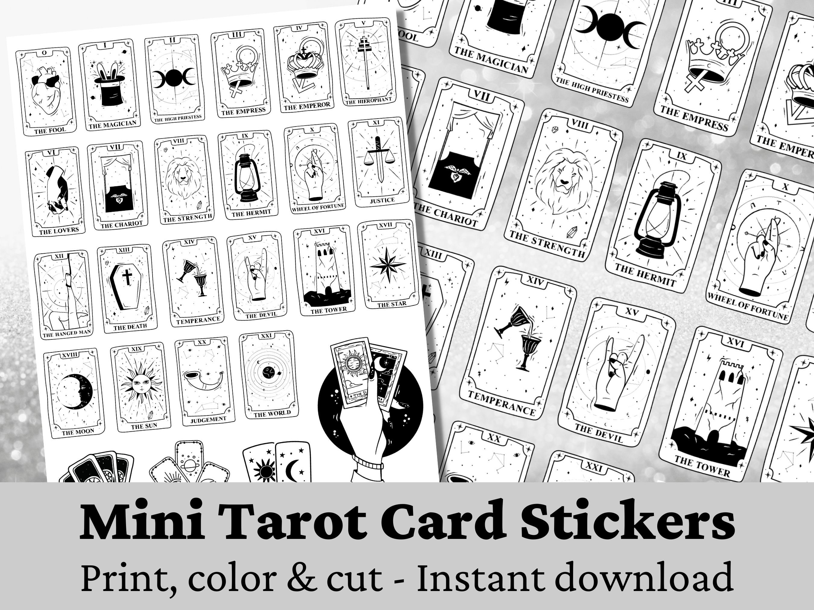 Printable tarot card stickers major arcana mini tarot cards coloring page cute mystic stickers diy journal printable instant download