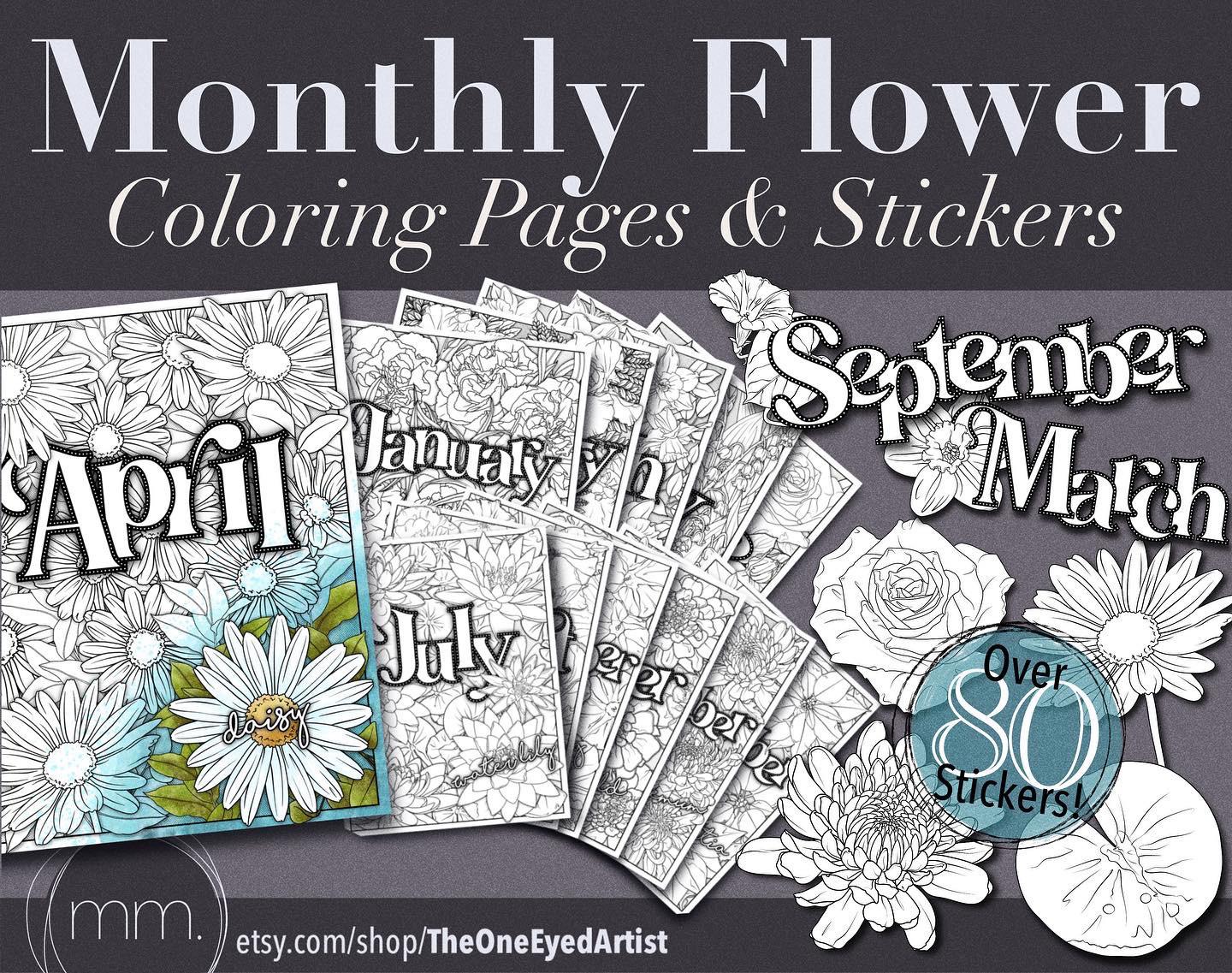 Monthly flower coloring pages and stickers digital download rcoloringbookspastime