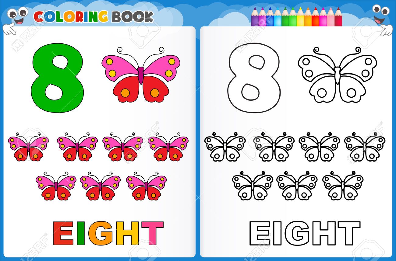 Coloring page number eight with colorful sample printable worksheet for preschool kindergarten kids to improve basic coloring skills royalty free svg cliparts vectors and stock illustration image