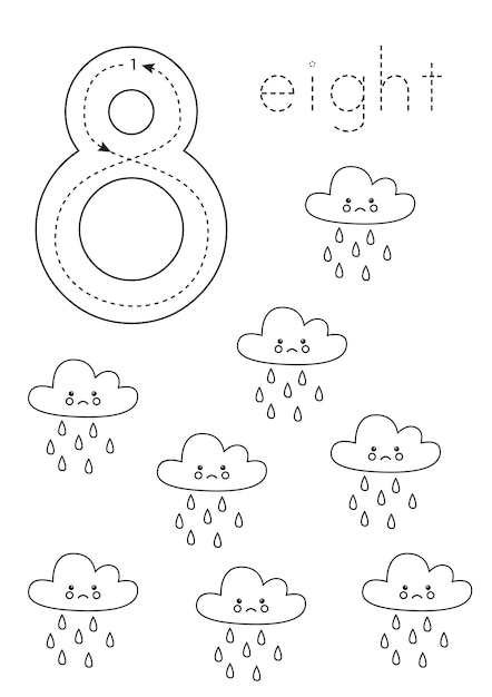 Premium vector flashcard number preschool worksheet black and white cute rainy clouds