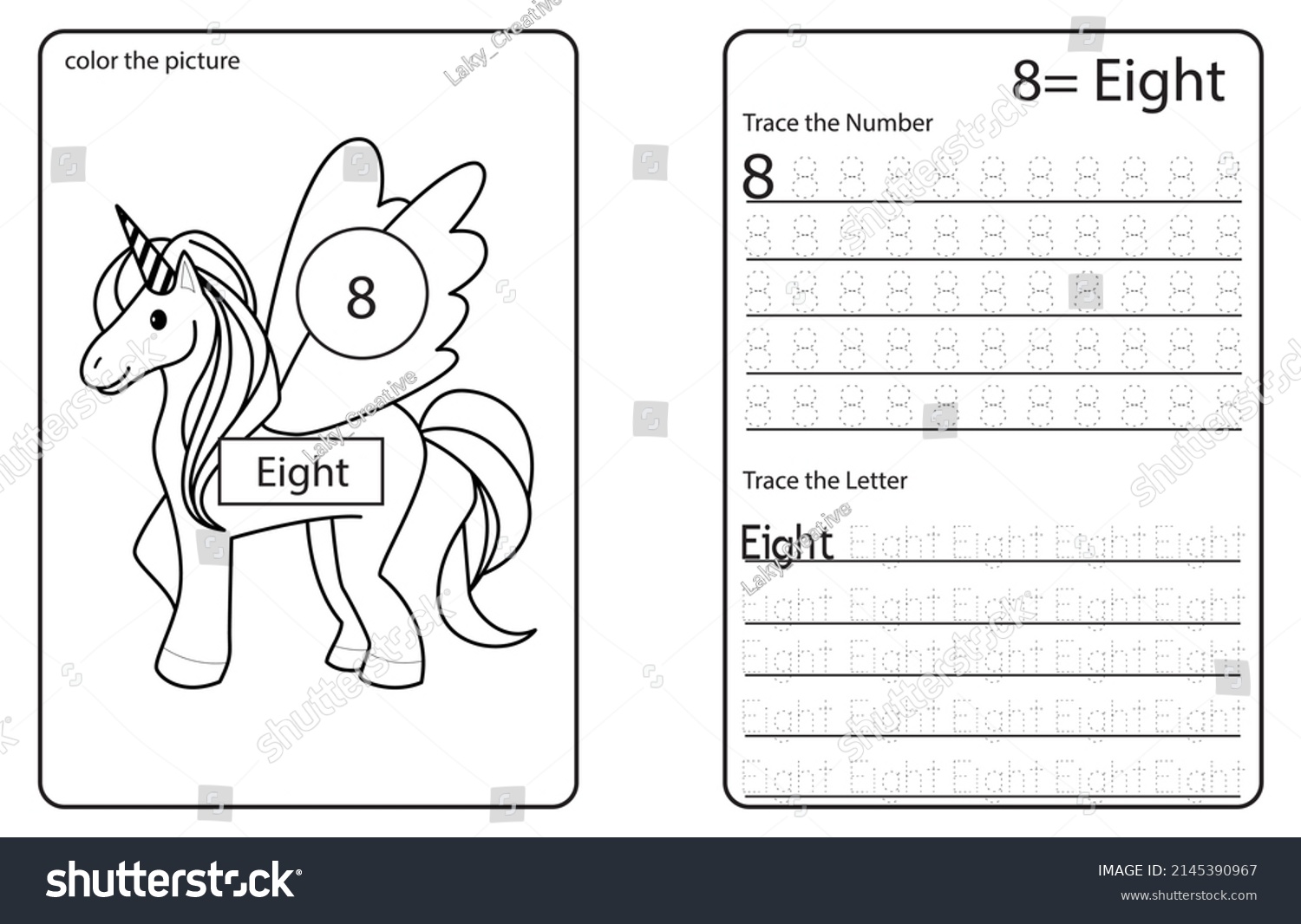 Unicorn cute number colouring tracing activity stock vector royalty free