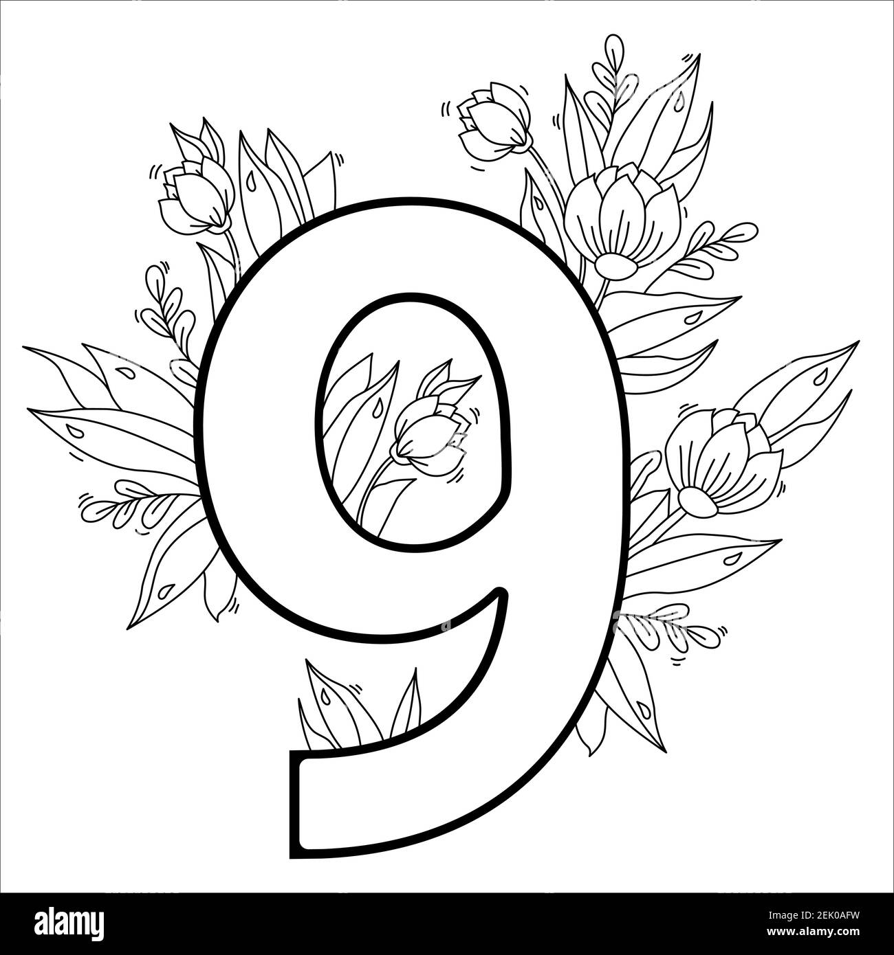 Flower number nine decorative pattern with flowers tulips buds and leaves vector illustration isolated on white background line outline stock vector image art