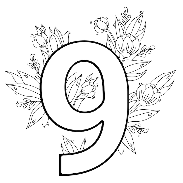 Premium vector flower number nine decorative pattern with flowers tulips buds and leaves vector line outline