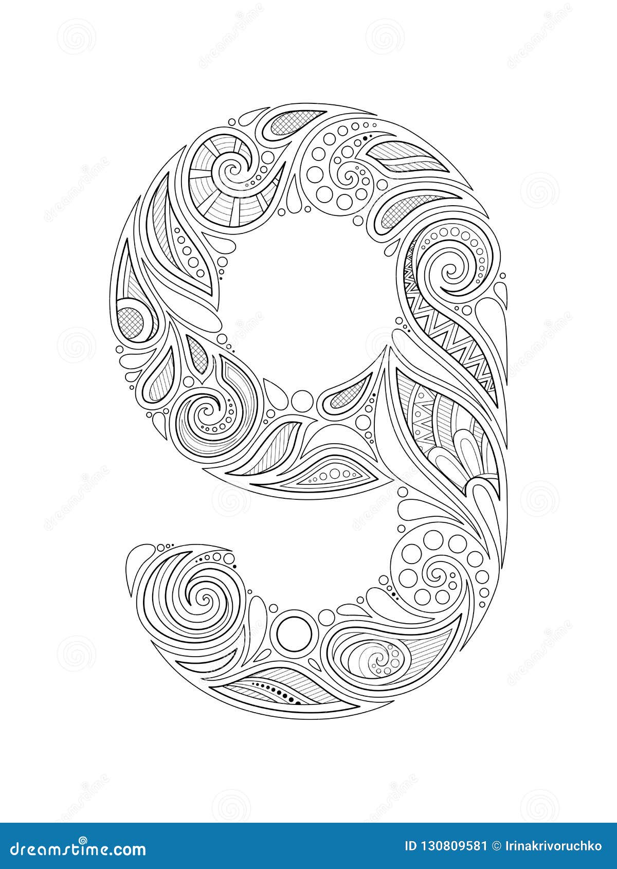 Monochrome decorative number nine doodle design element stock vector