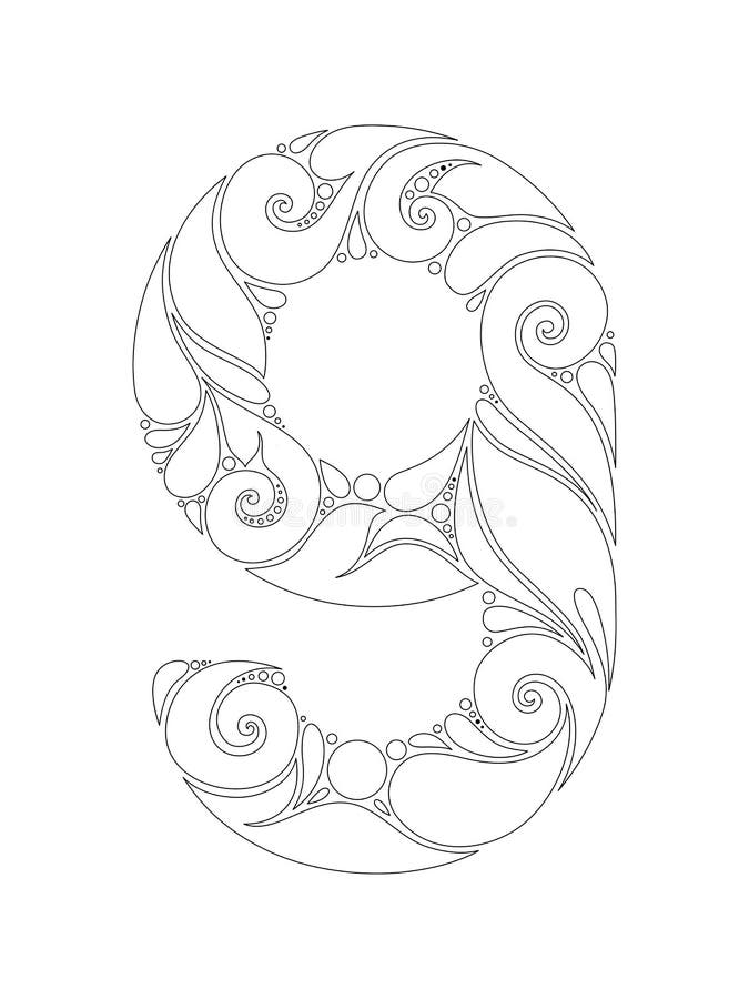 Monochrome decorative number nine doodle design element stock vector