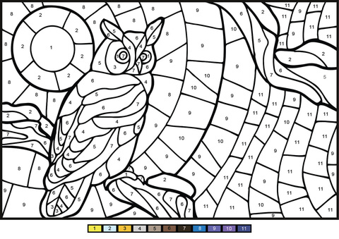 Owl color by number free printable coloring pages